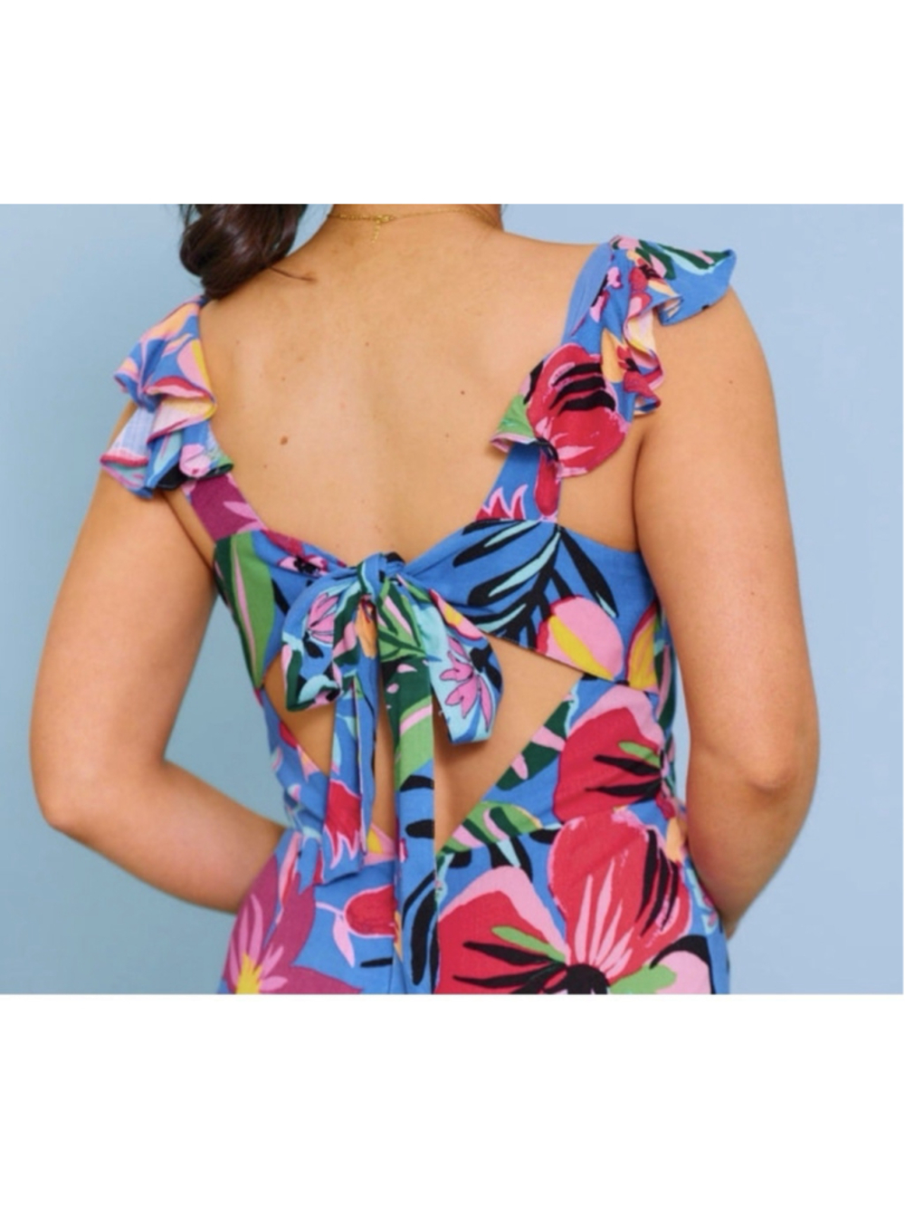 Sugarlips Inez Tropic Floral Ruffle V-Neck Tie Back Jumpsuit size M - Picture 3 of 8